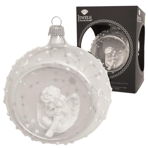 Krebs Glas Lauscha - Weihnachtsdekoration/Christbaumschmuck aus Glas - Weihnachtsbaumkugel Reflex - Motiv: Weißer Engel - Glitzernd Verziert mit Strasssteinen - Größe: ca. 8 cm - Made in Europe von Krebs Glas Lauscha