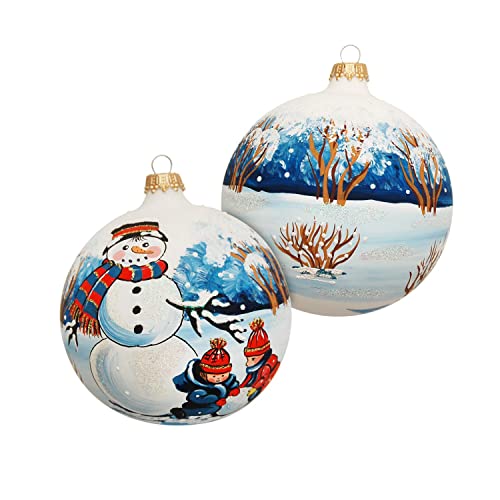 Krebs Glas Lauscha - Weihnachtsdekoration/Christbaumschmuck aus Glas - Weihnachtskugel - Motiv: Junge und Mädchen Bauen einen Schneemann - Größe: 10 cm von Krebs Glas Lauscha