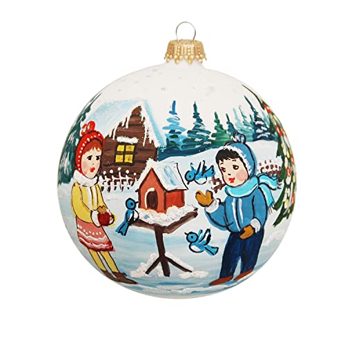 Krebs Glas Lauscha - Weihnachtsdekoration/Christbaumschmuck aus Glas - Weihnachtskugel - Motiv: Junge und Mädchen mit Vogelhaus - Größe: 10 cm von Krebs Glas Lauscha