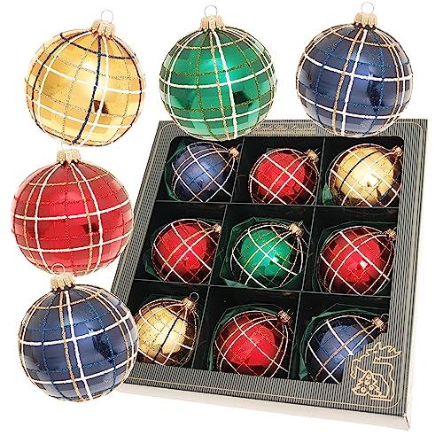 Krebs Glas Lauscha - Weihnachtsdekoration/Christbaumschmuck aus Glas - Weihnachtskugeln - Farbe: Gold, Grün, Rot, Dunkelblau - Motiv: Karo - Inhalt: 9 Stück - Größe: 8 cm von Krebs Glas Lauscha