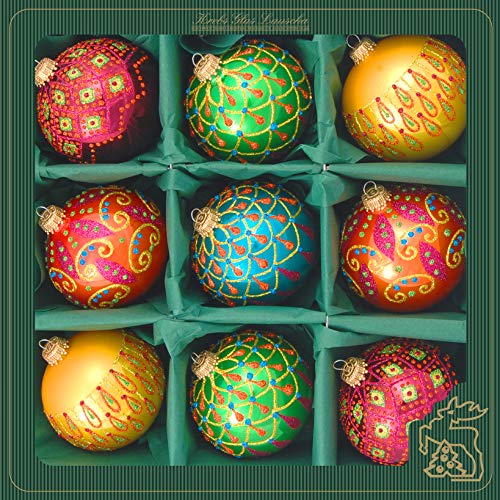 Krebs Glas Lauscha - Weihnachtsdekoration/Christbaumschmuck aus Glas - Weihnachtskugeln - Farbe: Grün/Blau/Rot/Safran - 9 Stück - Größe: ca. 8 cm von Krebs Glas Lauscha