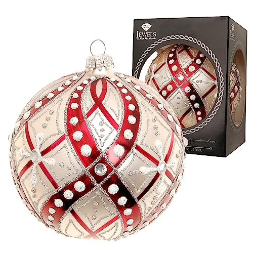 Krebs Glas Lauscha - Weihnachtsdekoration/Christbaumschmuck aus Glas - Weihnachtskugeln - Farbe: Rot/Silber - verziert mit Strasssteinen - Größe: 10 cm von Krebs Glas Lauscha