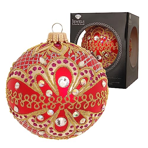 Krebs Glas Lauscha - Weihnachtsdekoration/Christbaumschmuck aus Glas - Weihnachtskugeln - Farbe: Rot - Verziert mit Strasssteinen - Größe: 8 cm von Krebs Glas Lauscha