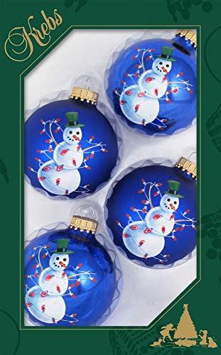Krebs Glas Lauscha Weihnachtsdekoration/Christbaumschmuck aus Glas - Weihnachtskugeln - Motiv: Blau glänzend Schneemann - 4 Stück - Größe: ca. 7 cm von Krebs Glas Lauscha