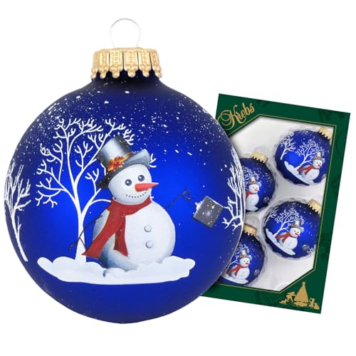 Krebs Glas Lauscha Weihnachtsdekoration/Christbaumschmuck aus Glas - Weihnachtskugeln - Motiv: Blau matt Schneemann - 4 Stück - Größe: ca. 7 cm von Krebs Glas Lauscha