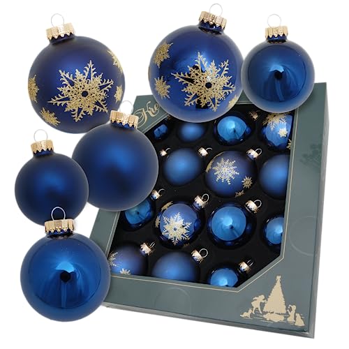 Krebs Glas Lauscha - Weihnachtsdekoration/Christbaumschmuck aus Glas - Weihnachtskugeln - Motiv: Blaue Christbaumkugel mit goldenen Schneeflocken - 16 Stück von Krebs Glas Lauscha
