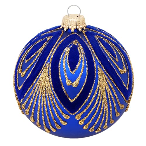Krebs Glas Lauscha - Weihnachtsdekoration/Christbaumschmuck aus Glas - Weihnachtskugeln - Motiv: Dunkelblau-matt mit Pfauendekor - Größe: 6 mal 8cm von Krebs Glas Lauscha