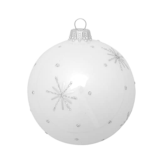 Krebs Glas Lauscha - Weihnachtsdekoration/Christbaumschmuck aus Glas - Weihnachtskugeln - Motiv: Eisweiß mit Schneeflocken und Punkten - Größe: 6 mal 8cm von Krebs Glas Lauscha