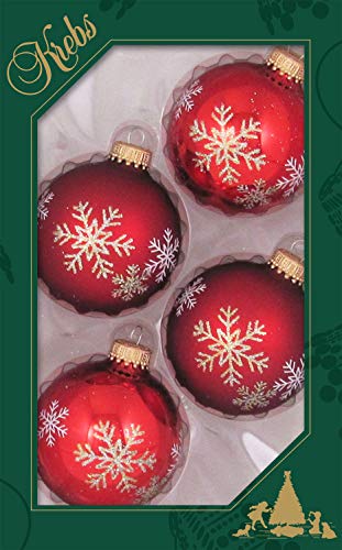 Krebs Glas Lauscha Weihnachtsdekoration/Christbaumschmuck aus Glas - Weihnachtskugeln - Motiv: Rot Schneeflocken - 4 Stück - Größe: ca. 7 cm von Krebs Glas Lauscha