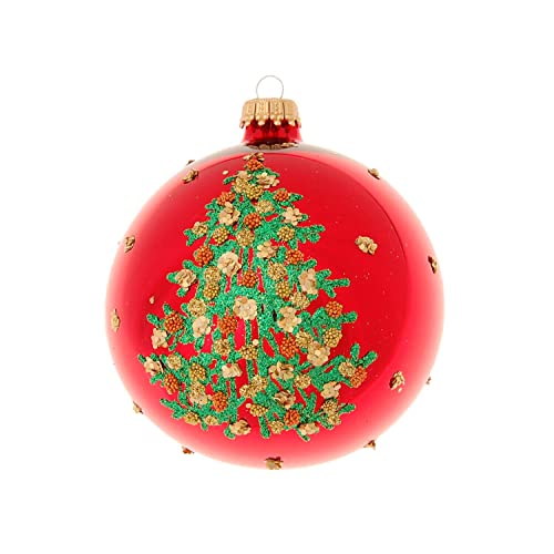 Krebs Glas Lauscha - Weihnachtsdekoration/Christbaumschmuck aus Glas - Weihnachtskugeln - Motiv: Rot glänzende Kugel mit Weihnachtsbaum - Größe: 6 mal 8cm von Krebs Glas Lauscha