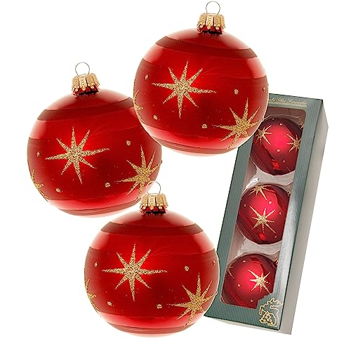 Krebs Glas Lauscha - Weihnachtsdekoration/Christbaumschmuck aus Glas - Weihnachtskugeln - Motiv: Rot mit Komet - 3 Stück - Größe: ca. 8 cm von Krebs Glas Lauscha