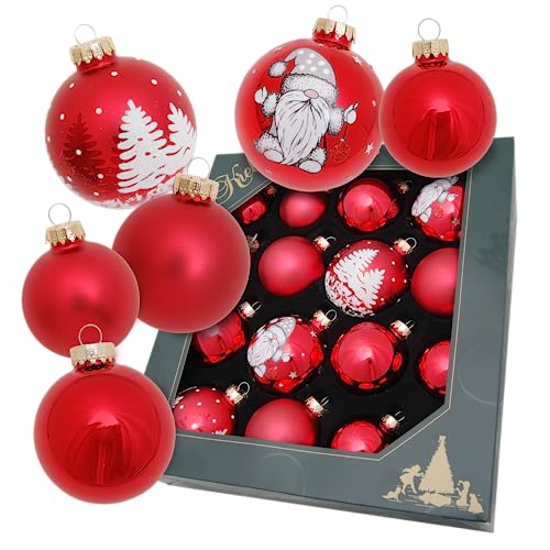 Krebs Glas Lauscha – Exklusives hochwertiges 16-teiliges Weihnachtskugel-Set in warmen Rottönen - dekoriert mit Wichteln und Winterwald-Motiven von Krebs Glas Lauscha