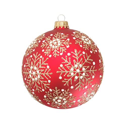 Krebs Glas Lauscha - Weihnachtsdekoration/Christbaumschmuck aus Glas - Weihnachtskugeln - Motiv: Rote Kugel mit Schneekristallen in weiß/Gold - Größe: 6 mal 8cm von Krebs Glas Lauscha