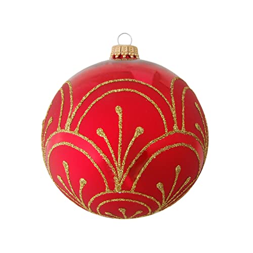 Krebs Glas Lauscha - Weihnachtsdekoration/Christbaumschmuck aus Glas - Weihnachtskugeln - Motiv: Rote Kugel mit goldenen Linien - Größe: 6 mal 8cm von Krebs Glas Lauscha