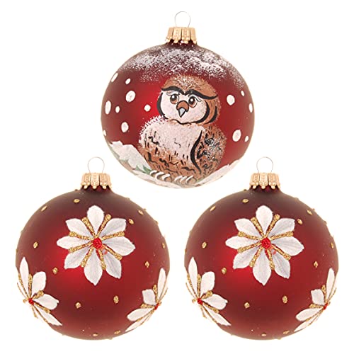 Krebs Glas Lauscha Weihnachtsdekoration/Christbaumschmuck aus Glas - Weihnachtskugeln - Motiv: Weihnachtsland Burgunder - 3 Stück - Größe: ca. 8 cm von Krebs Glas Lauscha