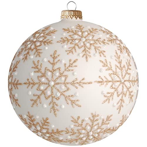 Krebs Glas Lauscha - Weihnachtsdekoration/Christbaumschmuck aus Glas - Weihnachtskugeln - Motiv: Weiß-matt mit goldenfarbigen Schneekristallen - Größe: 6 mal 8cm von Krebs Glas Lauscha