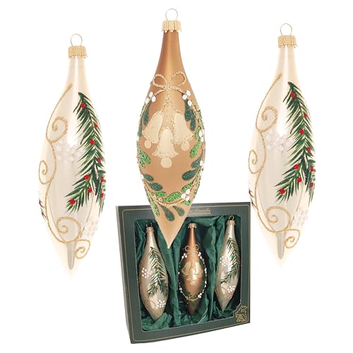 Krebs Glas Lauscha - Weihnachtsdekoration/Christbaumschmuck aus Glas - Xmas Forest Oliven - Farbe: Gold - Menge: 3 Stück - Größe: ca. 15 cm von Krebs Glas Lauscha