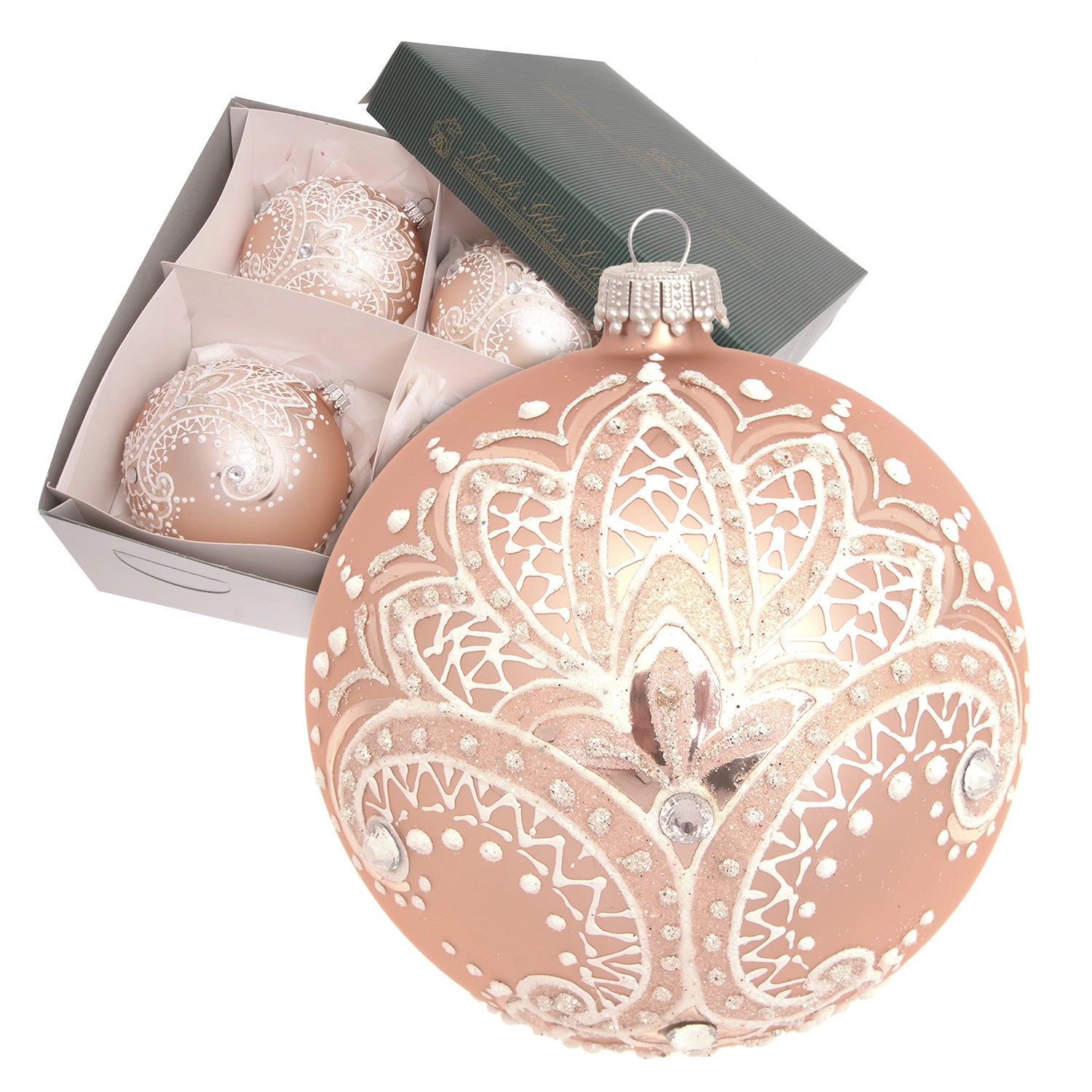 Krebs Glas Lauscha Weihnachtskugeln Stickoptik 4er-Set 11cm Krebs Glas Lauscha Weihnachtskugeln Stickoptik 4er-Set 11cm von Krebs Glas Lauscha