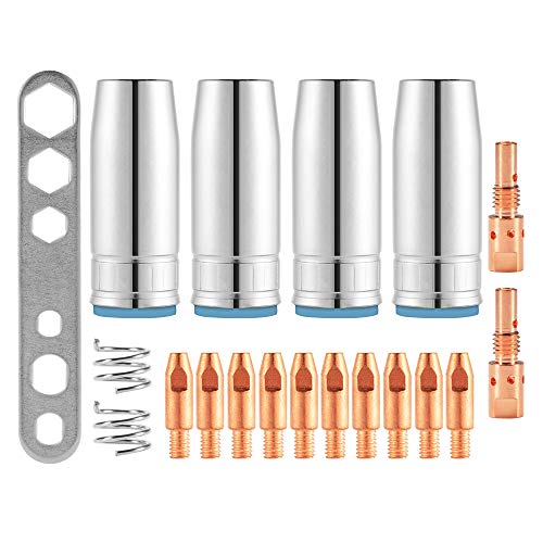 Kreema 19 Stücke 25AK MIG/MAG Schweißdüse Kontakt Tipps 0,8x28mm M6 Gasstecker Halter Set (10x Kontaktspitzen, 4x Düse, 2x Stecker, Isolator Kappe, 1x Platte) von HDE