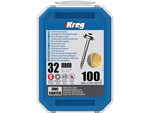 KREG Hochwertige Zinkschrauben 32mm Schraubenlänge, Grobgewinde, 100 Stück Packung - Perfekt für Holzprojekte im Innenbereich von Kreg