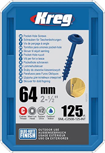 Kreg - 125 Stück Blue-Kote Schrauben - 8 x 64 mm - Dickgewinde - Maxi-Loc Vierkant von Kreg