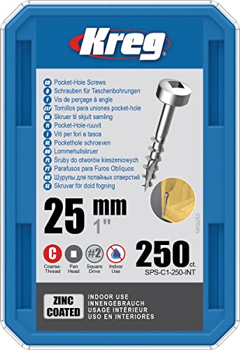 Kreg Pocket-Hole Schrauben 25 mm, Verzinkt, Flachkopf, Grobgewinde, 250 Stück von Kreg