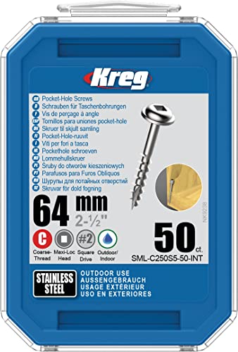 Kreg Pocket-Hole Schrauben 64 mm, Edelstahl, Maxi-Loc, Grobgewinde, 50 Stück von Kreg