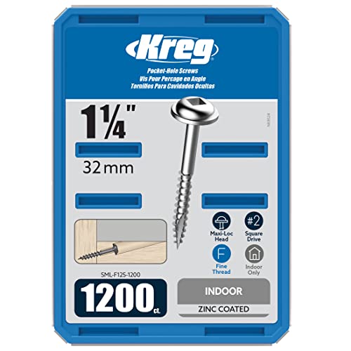 Kreg SML-F125-1200 Zink-Taschenschrauben, 1 1/4 Zoll, 7 Feingewinde, Maxi-Loc Kopf (1200 Stück) von Kreg