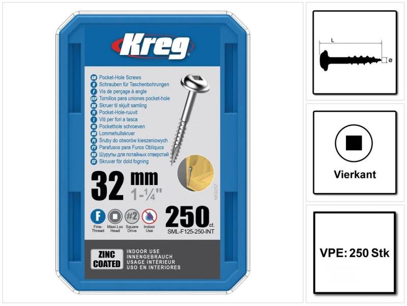 Kreg Schraube Pocket-Hole Linsenkopfschraube 32 mm 250 Stk (SML-F125-250) Vierkan von Kreg