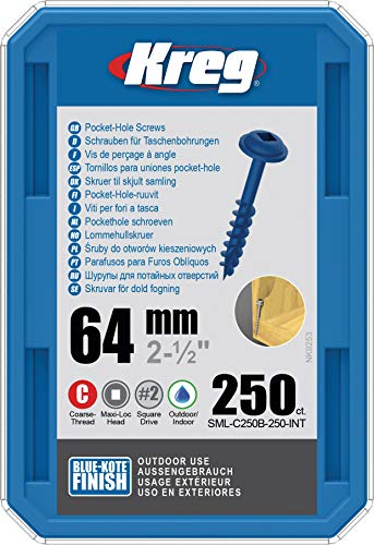KREG® Blue-Kote™ Taschenlochschrauben, 64 mm, 8 Grobgewinde, Maxi-Loc™, 250 Stück von Kreg