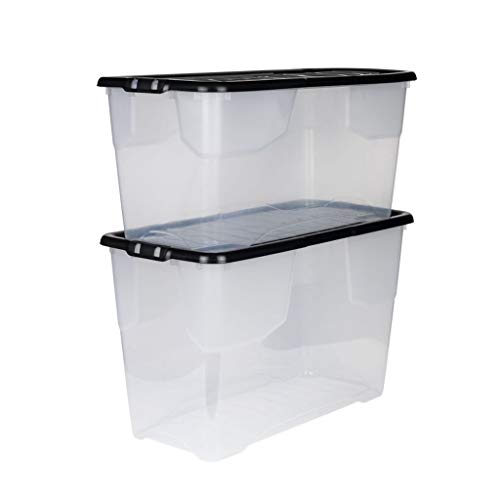 2 Stück Aufbewahrungsbox Curve mit Deckel aus transparentem Kunststoff. Nutzvolumen 100 und 80 Liter. Stapelbar, nestbar, einsehbar. Mit Deckel. von Kreher