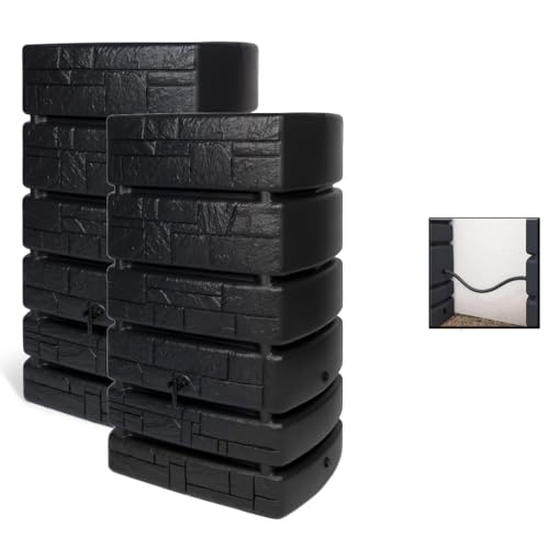 2 x Kreher® XXL Regentonne 'Tower Stone' aus Kunststoff in verschiedenen Größen/Farben (wählbar). Tolle Stein-Optik - mit Auslaufhahn und praktischen Verbindungsstück! (Anthrazit, 2 x 500 L) von Kreher
