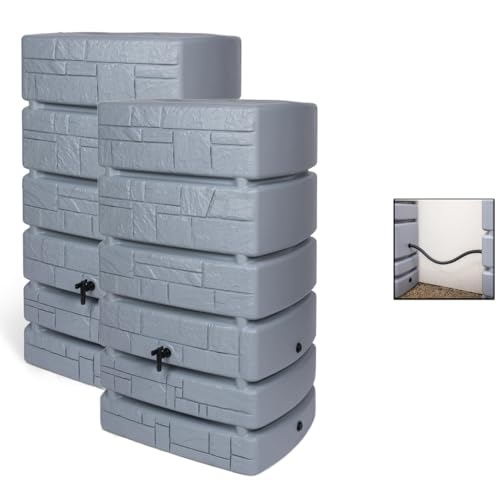 2 x Kreher® XXL Regentonne 'Tower Stone' aus Kunststoff in verschiedenen Größen/Farben (wählbar). Tolle Stein-Optik - mit Auslaufhahn und praktischen Verbindungsstück! (Grau, 2 x 500 L) von Kreher