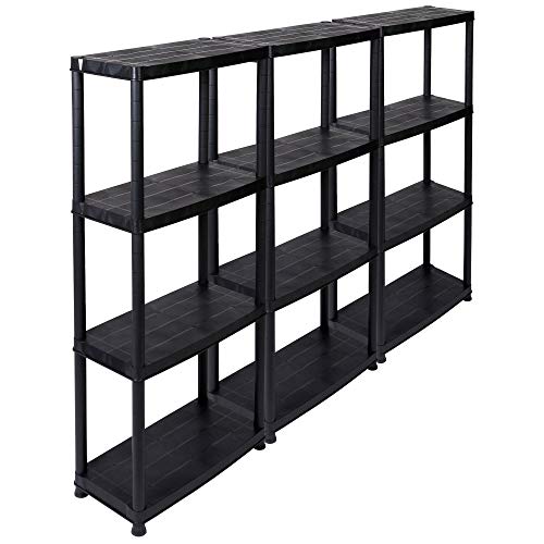 Kreher 3 Stück Kunststoffregal, Kellerregal, Lagerregal. 4 Böden, Schwarz, max. 100 kg pro Regal. 61 x 30.5 x 130 H cm pro Regal. TÜV Rheinland von Kreher