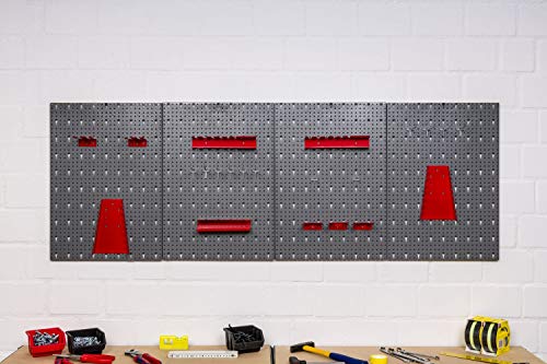 Große Werkzeug Lochwand bestehend aus 4 Lochblechen á 58 x 40 cm und Hakensortiment 22 Teile. Aus Metall in Hammerschlag-Grau und Rot. Gesamtmaß: 160 x 58 x 1 cm von Kreher