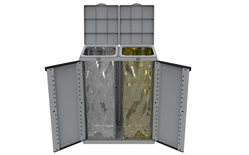 Hier passt viel rein! XXL Gartenschrank mit Zwei Halterungen für Müllsäcke und Recycling. Frontseitig und von Oben zu öffnen. In neutralem Grau. von Kreher