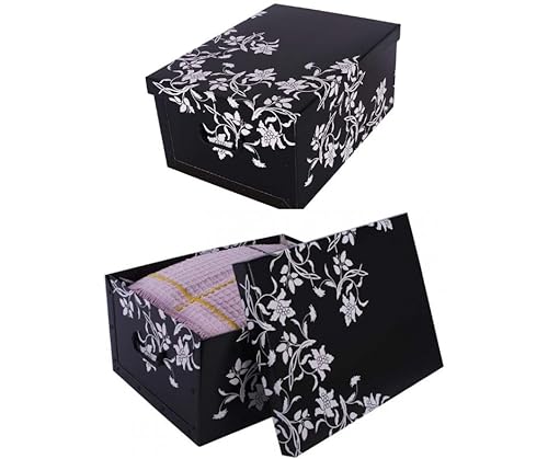 Kreher® 2 Stück Aufbewahrungsbox mit Deckel, Deko Papp-Karton, Stapelbox, 45 Liter mit Griffen, 51 x 37 x 24 cm (Barock Blume Schwarz) von Kreher