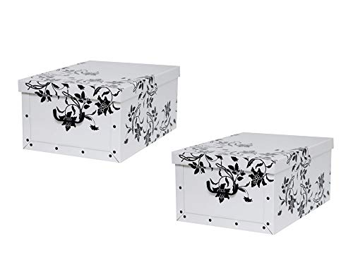 Kreher® 2 Stück Aufbewahrungsbox mit Deckel, Deko Papp-Karton, Stapelbox, 45 Liter mit Griffen, 51 x 37 x 24 cm (Barock Blume Weiß) von Kreher