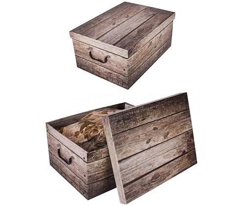 Kreher® 2 Stück Aufbewahrungsbox mit Deckel, Deko Papp-Karton, Stapelbox, 45 Liter mit Griffen, 51 x 37 x 24 cm (Holz Grau) von Kreher