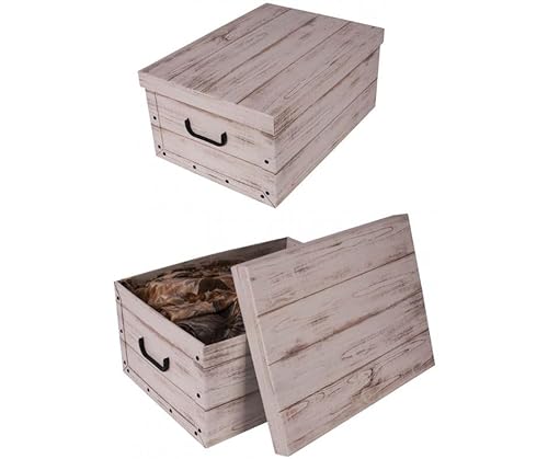 Kreher® 2 Stück Aufbewahrungsbox mit Deckel, Deko Papp-Karton, Stapelbox, 45 Liter mit Griffen, 51 x 37 x 24 cm (Holz Weiß) von Kreher