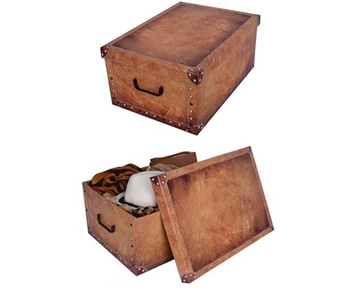 Kreher® 2 Stück Aufbewahrungsbox mit Deckel, Deko Papp-Karton, Stapelbox, 45 Liter mit Griffen, 51 x 37 x 24 cm (Leder Hellbraun) von Kreher