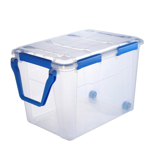 Kreher® Aufbewahrungsbox 100 Liter mit Deckel & Rollen – wasserdicht & staubdicht, transparent & stapelbar, BPA- & schadstofffrei, robuste Kunststoffbox mit Silikondichtung & 6 Clips (1, 100 Liter) von Kreher