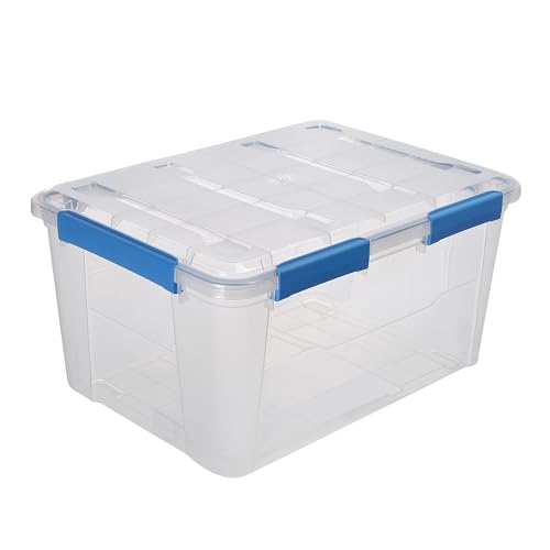 Kreher® Aufbewahrungsbox 75 Liter mit Deckel – wasserdicht & staubdicht, transparent & stapelbar, BPA- & schadstofffrei, robuste Kunststoffbox mit Silikondichtung & 6 Clips (1, 75 Liter) von Kreher