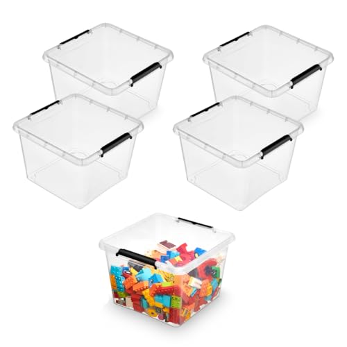 Kreher® Aufbewahrungsboxen Kleiderbox 'Simple Store' mit Deckel in Transparenter Ausführung. 25 Liter Volumen, lebensmittelecht, BPA-frei. Aus robustem Kunststoff. Stapel- und nestbar. (4) von Kreher