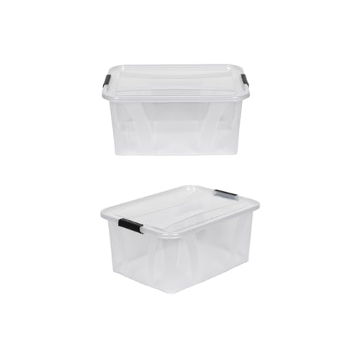 Kreher® XL Aufbewahrungsboxen mit Deckel aus Lebensmittel-geeignetem Kunststoff in Transparent. Stapelbare Lagerboxen für Haushalt, Garage, Industrie (2er Set, 14 Liter) von Kreher
