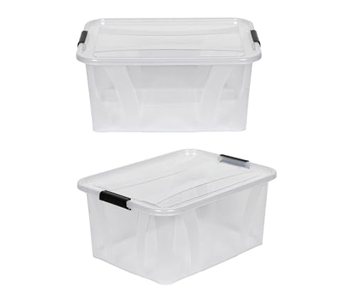 Kreher® XL Aufbewahrungsboxen mit Deckel aus Lebensmittel-geeignetem Kunststoff in Transparent. Stapelbare Lagerboxen für Haushalt, Garage, Industrie (32 Liter, 2er Set) von Kreher