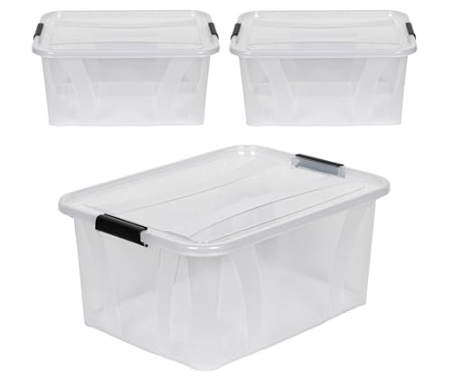 Kreher® XL Aufbewahrungsboxen mit Deckel aus Lebensmittel-geeignetem Kunststoff in Transparent. Stapelbare Lagerboxen für Haushalt, Garage, Industrie (32 Liter, 3er Set) von Kreher