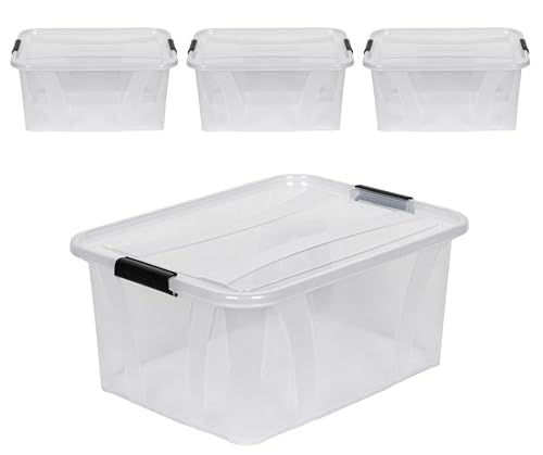 Kreher® XL Aufbewahrungsboxen mit Deckel aus Lebensmittel-geeignetem Kunststoff in Transparent. Stapelbare Lagerboxen für Haushalt, Garage, Industrie (32 Liter, 4er Set) von Kreher