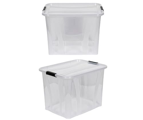 Kreher® XL Aufbewahrungsboxen mit Deckel aus Lebensmittel-geeignetem Kunststoff in Transparent. Stapelbare Lagerboxen für Haushalt, Garage, Industrie (55 Liter, 2er Set) von Kreher