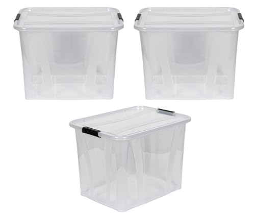 Kreher® XL Aufbewahrungsboxen mit Deckel aus Lebensmittel-geeignetem Kunststoff in Transparent. Stapelbare Lagerboxen für Haushalt, Garage, Industrie (55 Liter, 3er Set) von Kreher